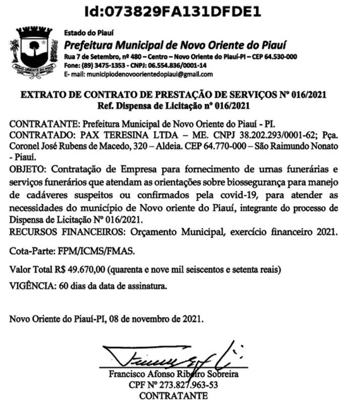 Extrato do contrato do prefeito Afonso Sobreira com a Pax Teresina.