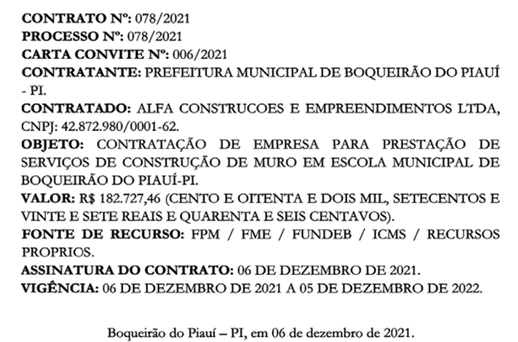 Contrato assinado pela prefeita de Boqueirão do Piauí.