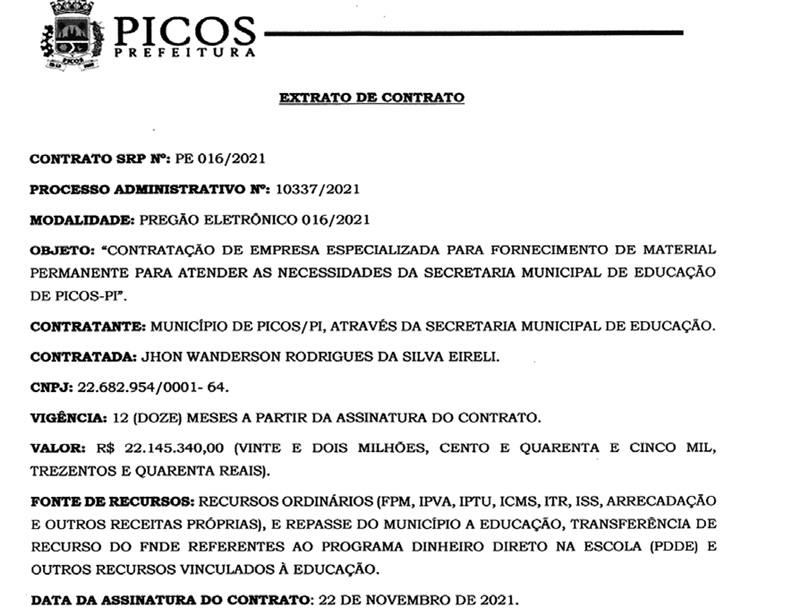 Contrato assinado pelo prefeito de Picos.
