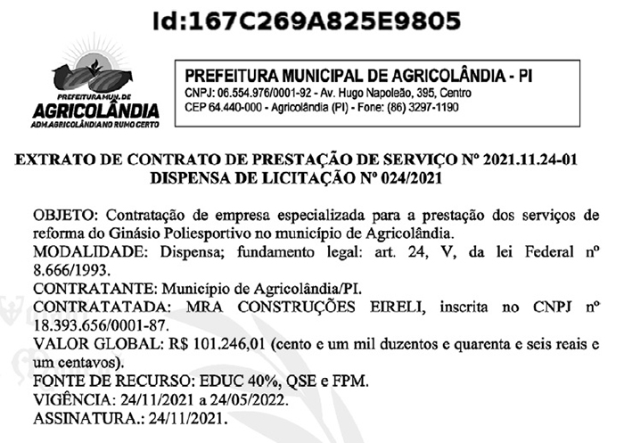Extrato de contrato com empresa MRA Construções.