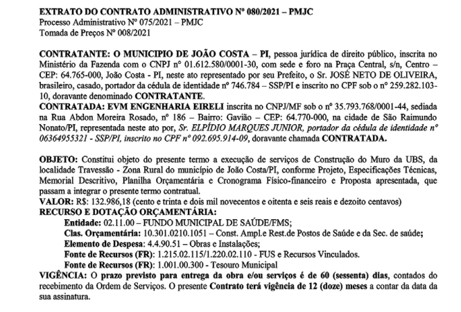 Contrato assinado pelo prefeito de João Costa, Zé Neto (PSD).