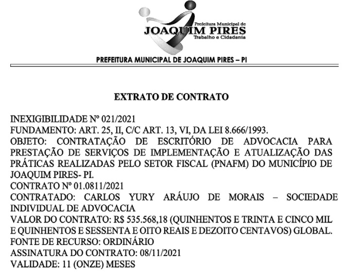 Contrato com escritório de advocacia Carlos Yuri Araújo de Morais.