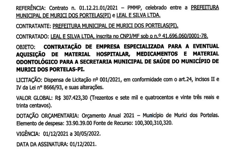 Contrato assinado pela prefeita de Murici dos Portelas.