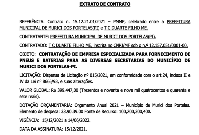 Contrato assinado pelo prefeito de Murici dos Portelas.