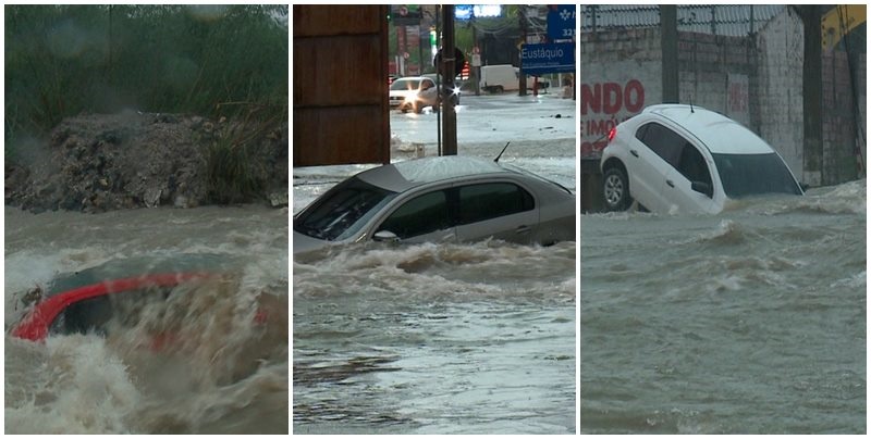 Vários veículos foram arrastados pela água da chuva em Teresina.