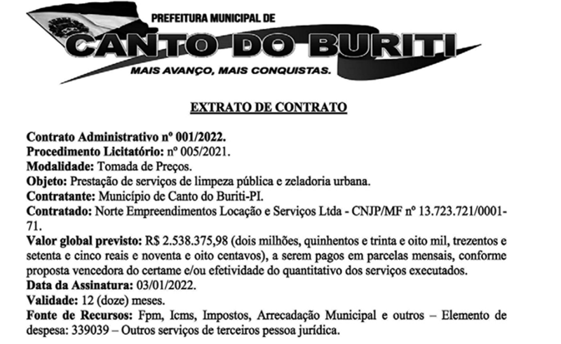 Contrato assinado pelo prefeito de Canto do Buriti.