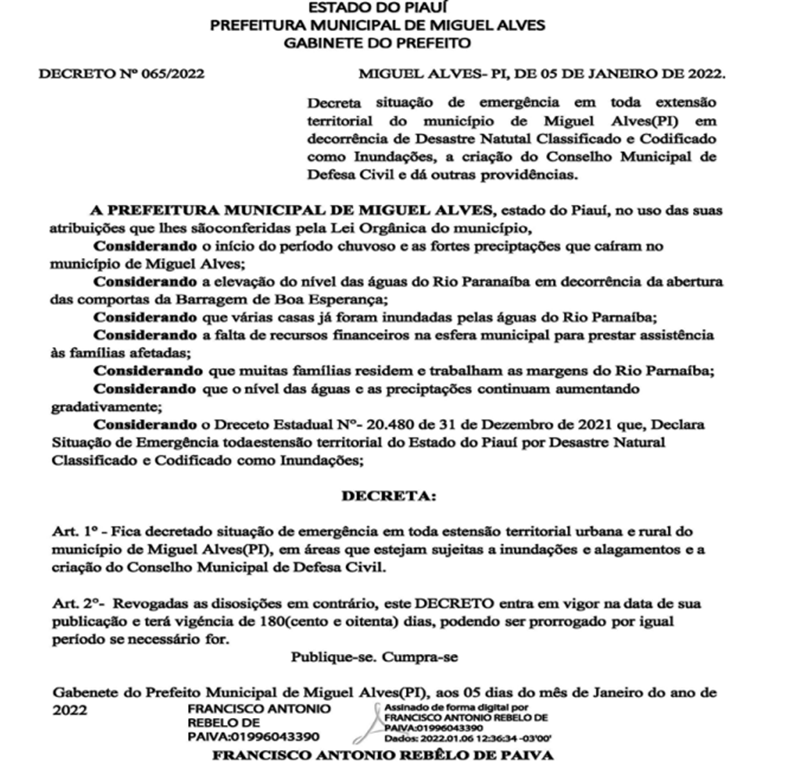 Decreto assinado pelo prefeito de Miguel Alves.