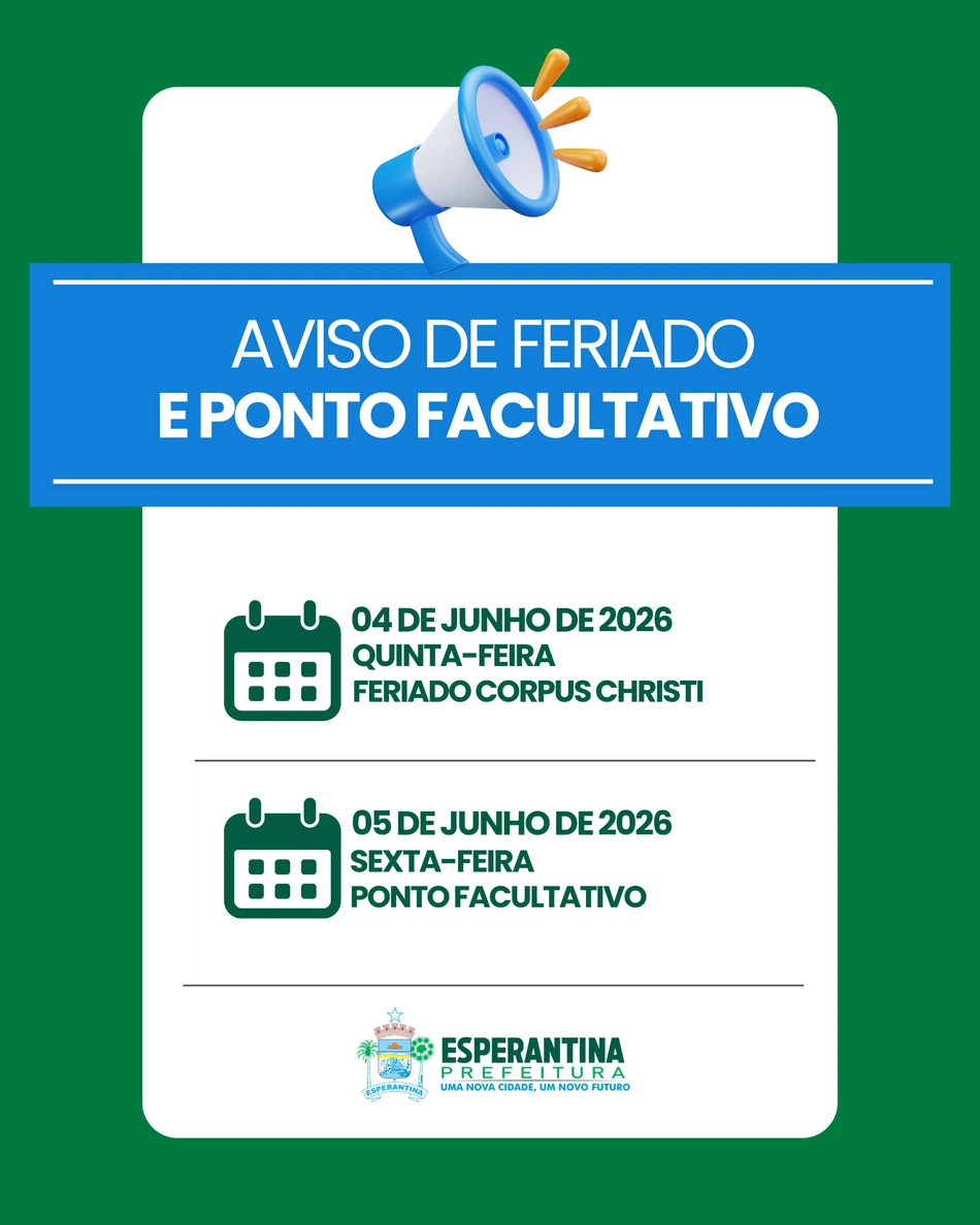Prefeitura de Esperantina decreta ponto facultativo após o feriado de Corpus Christi